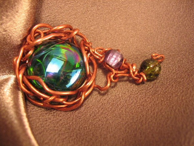 "SOLAR SYSTEM" Glass green/blue cabochon, purple,green beads, Copper pendant, Handcrafted jewelry
