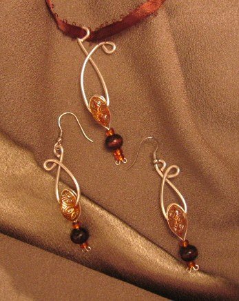 "ORANGE CHOCOLATE" Sterling silver filled wire, Necklace & Earrings set , Artisan Handcrafted