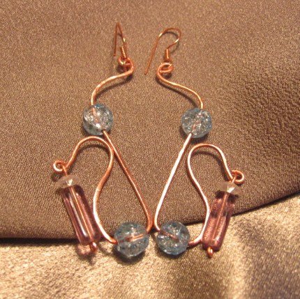 "ENCHANTMENT" Crackle & lilac glass beads, Copper wire Earrings, Handcrafted Jewelry