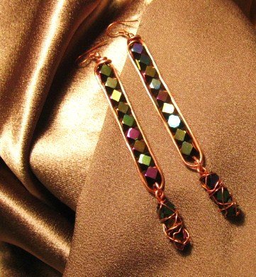 "CITY LIGHTS" Jet diamond cut glass beads,Copper wire Earrings,Handcrated Jewelry