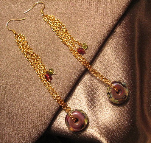 "PLAY" Borosilicate(boro) beads, Garnet & Peridot ,Gold colored Earrings Handcrafted jewelry