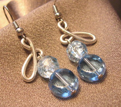 "BLUE ICE DIAMONDS" Crackle glass beads, Silver filled wire, Earrings, Handcrafted Jewelry