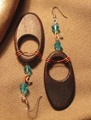 "DARK CHOCOLATE" Brown Wooden, Blue glass & copper,Earrings,Handmade Jewelry