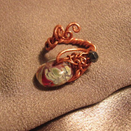 "BAIT" Borosilicate (boro) Glass & Hematite beads, Copper ring, Handcrafted Jewelry
