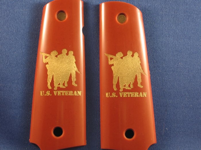 SALE ITEM: GRIPCRAFTER BRICK RED 18KT GOLD ENGRAVED VETERAN COLT KIMBER 1911 GRIPS