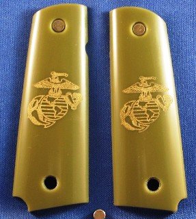 GRIPCRAFTER O.D. GREEN engraved 18KT GOLD US MARINE COLT KIMBER GRIPS