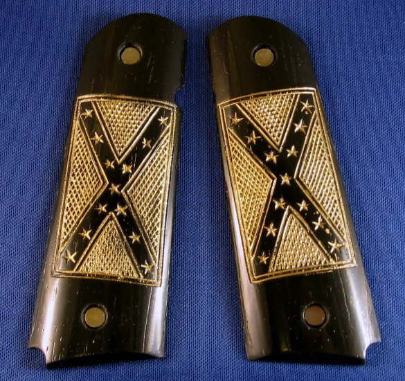 GRIPCRAFTER BLACK & REAL 18KT GOLD 'REBEL FLAG' COLT KIMBER 1911 GRIPS