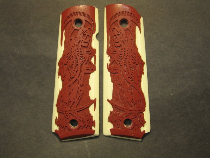 GRIPCRAFTER CARVED SIM.IVORY AND BLOOD RED GRIM REAPER 1911 COLT KIMBER GRIPS