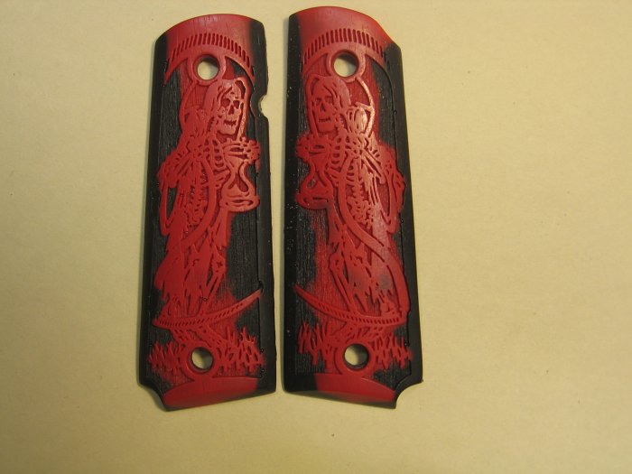 GRIPCRAFTER BLACK AND RED CARVED GRIM REAPER 1911 COLT KIMBER GRIPS