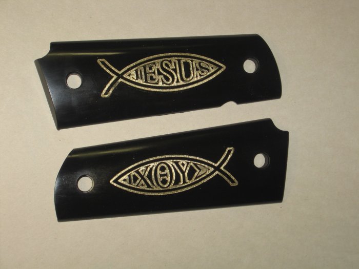 GRIPCRAFTER BLACK AND REAL 18KT GOLD 'ICHTHUS'1911 COLT KIMBER GRIPS