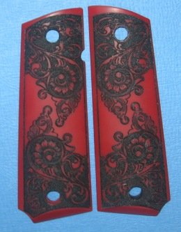 GRIPCRAFTER RED/ BLACK 'SCRIMSHAW' SCROLL 1911 COLT KIMBER GRIPS