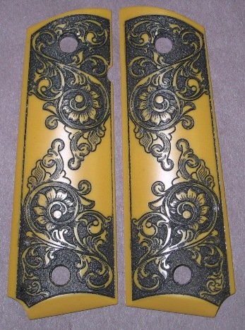 GRIPCRAFTER DESERT GOLD/BLACK 'SCRIMSHAW' SCROLL 1911 COLT KIMBER GRIPS
