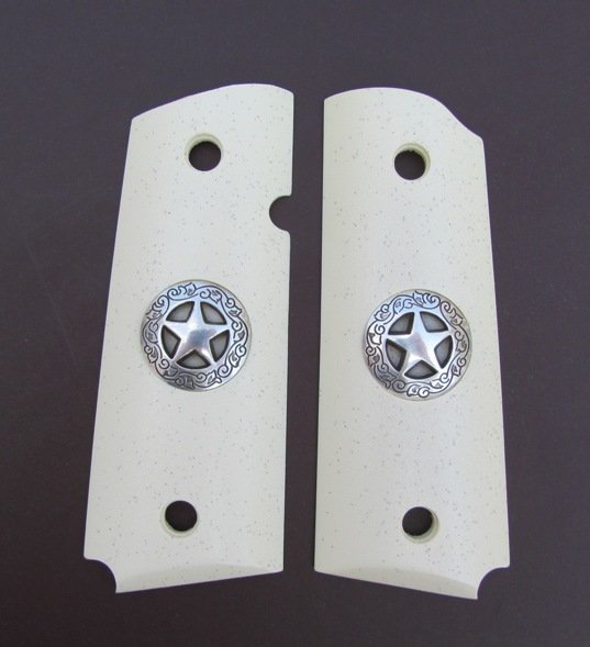 GRIPCRAFTER SIM. IVORY GRITTY GRIP SILVER TEXAS STAR 1911 COLT KIMBER GRIPS