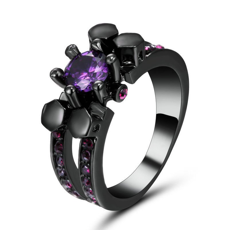 Size 7 Black Rhodium Amethyst Crystal Wedding Ring Propose Anniversary Gift