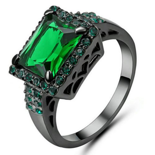 Size 6 Green Emerald Gem Ring Black Rhodium