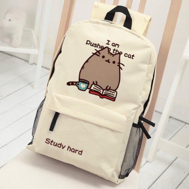 Cute Pusheen The Cat Mochila Study Hard Oxford Shoulder Bag Backpack