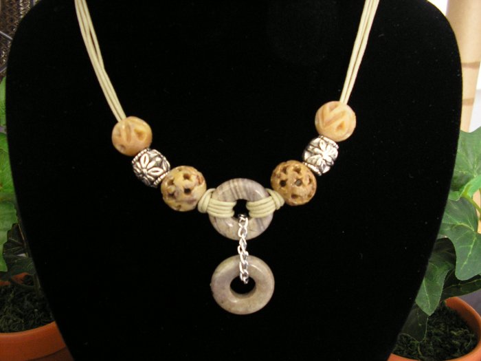 Cord with Ocean jasper doughnuts, pewter and soapstone beads