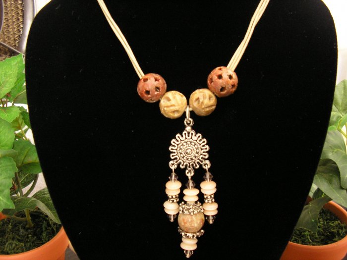 Cotton Cord necklace with pewter, soapstone, shell and autumn jasper