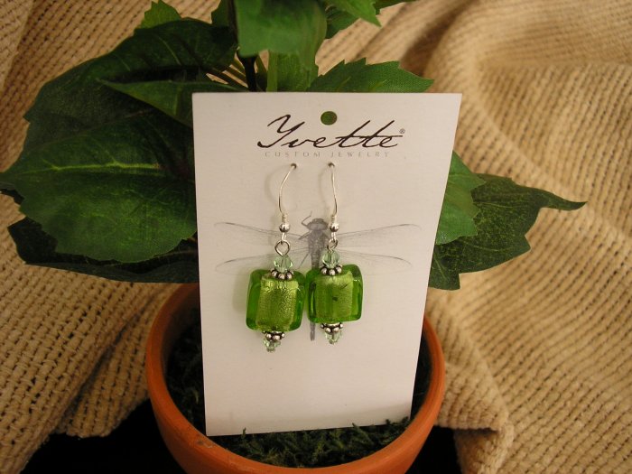Sterling silver with bright green foiled press glass bead