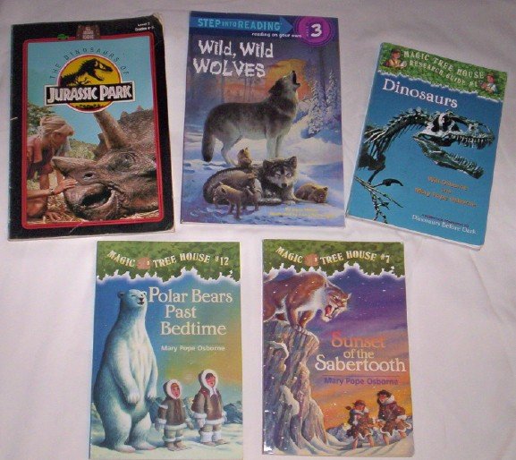 Books - Set of 5, Wolves, Dinosaurs, Bears, Tigers