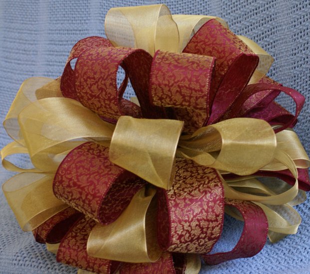 Wine Brocade & Gold Ribbons -Christmas Tree Topper Bow