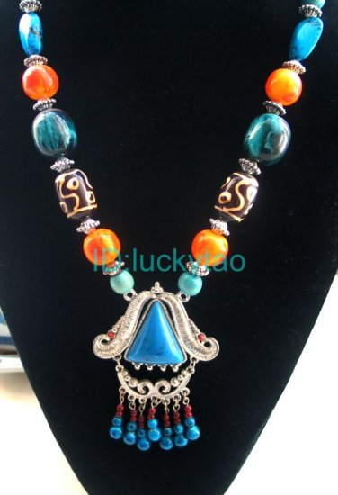 China Tibet character Silver & yellow beads Necklace