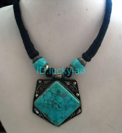 China Tibet Character Turquoise and Black Rope Necklace