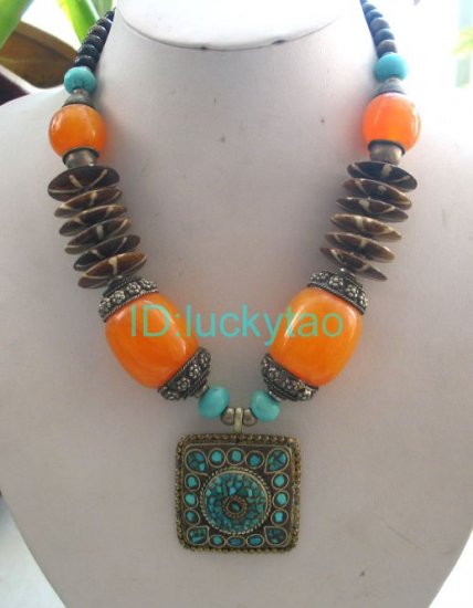 China Tibet Character bronze and yellow beads silver necklace