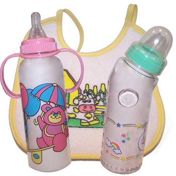 Wholesale 3 Piece Bottle/Bib Baby Gift Set Asst Colors