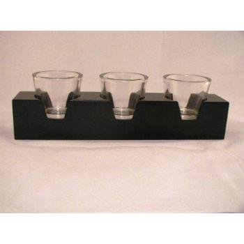 3 Glass Candle Holders on Wooden Base