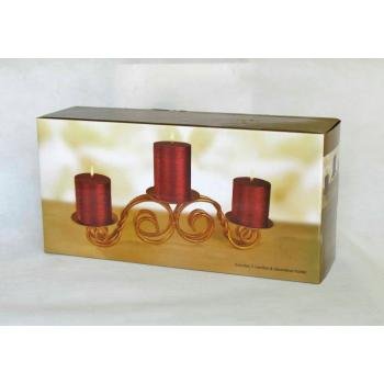 NEW! Wholesale 3pk Red Pillar Candle Set with Scrolled Holder