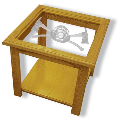 22"x22"x20" tall Axe 343 Firefighter's Square End Table with Etched Glass