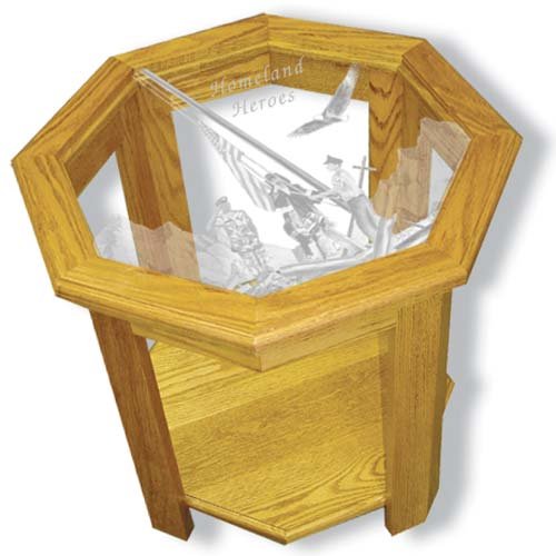22"x22"x20" tall Homeland Heroes octagon End Table with Etched Glass