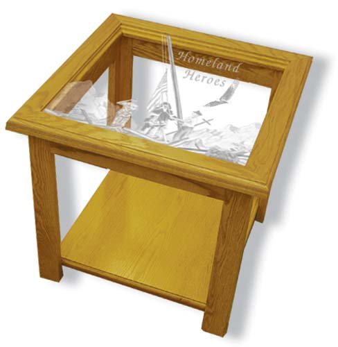 22"x22"x20" tall Homeland Heroes square End Table with Etched Glass