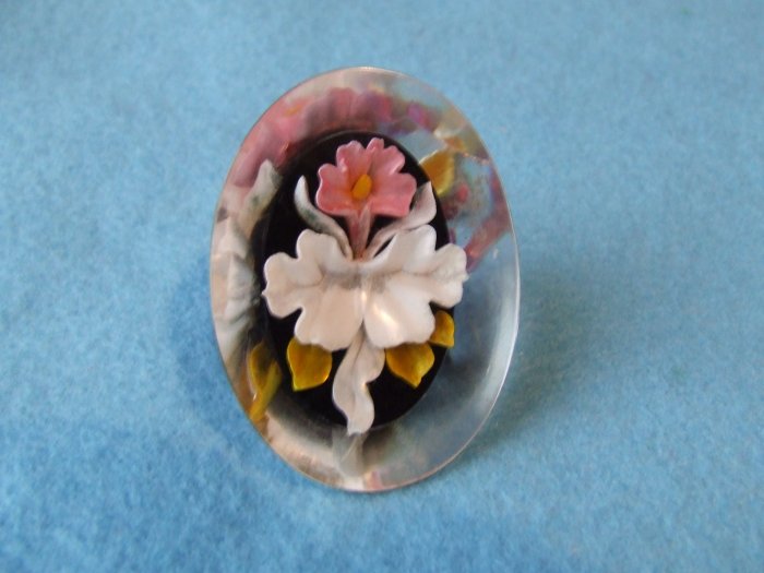 Pin Oval Lucite Reverse Carved and Painted Orchid with Matching Screw Back Earrings