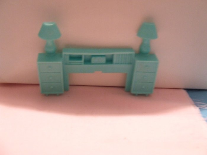 Dollhouse Furniture Molded turquoise plastic headboard marked Superior