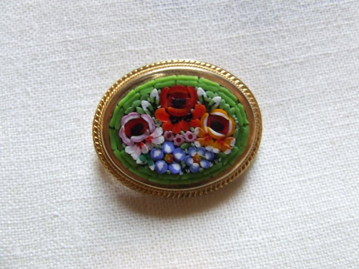 Brooch Mosaic Floral Italy Green Background