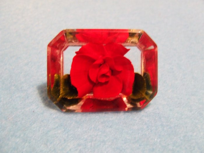 Pin Lucite Reverse Carved and Painted Red Rose