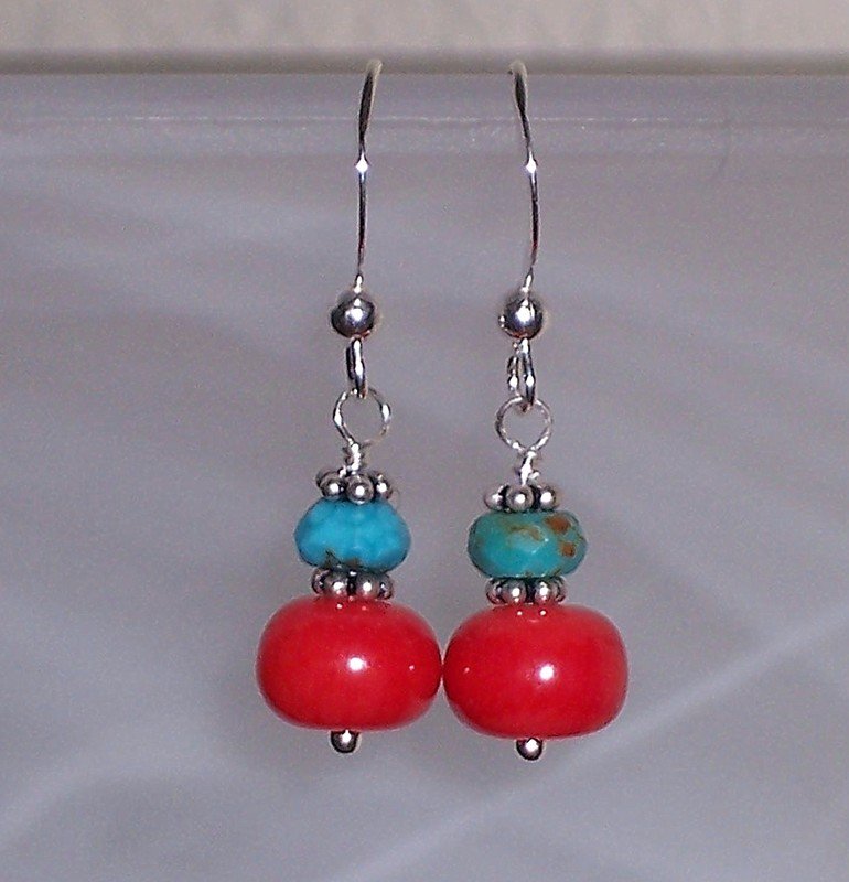 Coral, turquoise and sterling silver earrings
