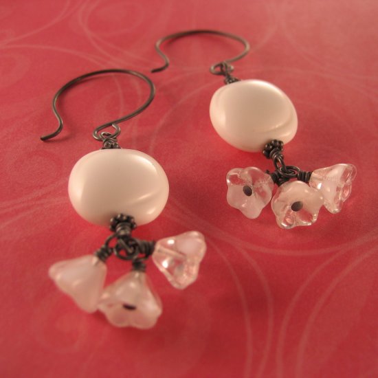 Handcrafted Artisan Oxidized Sterling Silver Vintage Lucite and Czech Bell Flower Earrings