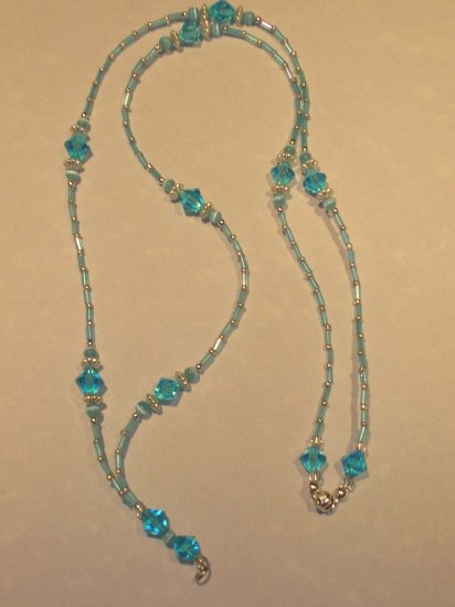 LIGHT BLUE crystal, bugle bead, silver lanyard