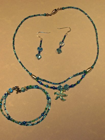 LIGHT BLUE two strand starfish necklace, bracelet and earring set