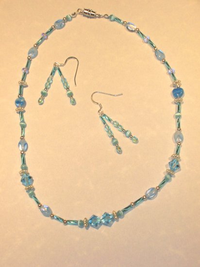 Light Blue Swarovski Crystal, Silver and Bugle beads necklace set