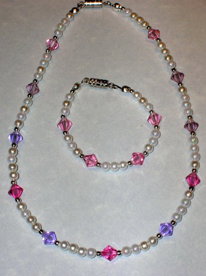 Child's necklace & bracelet set pearls & lavender & pink swarovski
