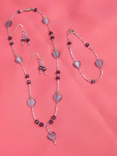 Purple heart drop necklace, bracelet, & earring set