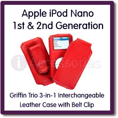 Griffin Trio 3-in-1 Interchangeable Red Leather Case for Apple iPod Nano 1st & 2nd Generation