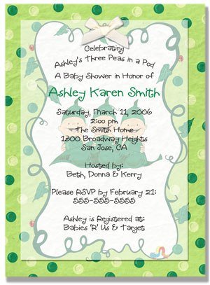 "Three Peas in a Pod" Triplets Baby Shower Invitations - Personalized
