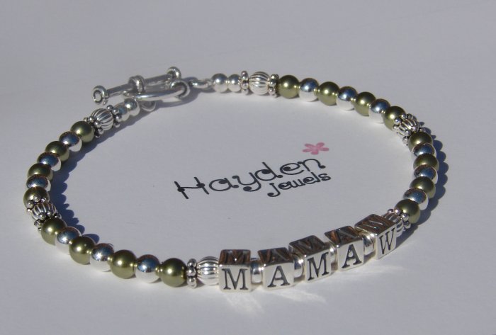 Mamaw Nana Grandma Mom MotherSterling Silver and Green Swarovski Crystal Pearl Bracelet