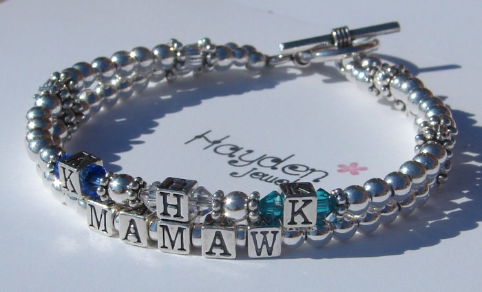 2 Strand Custom Name Sterling Silver Bracelet with Swarovski Crystal Birthstones and Initials