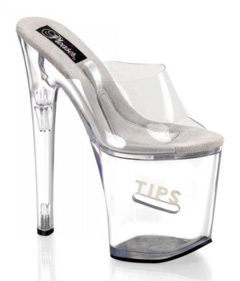Women's 8 Inch Clear Hollow Platform Shoes with Clear Strap & Side Coin Slot with "Tips" Glitter